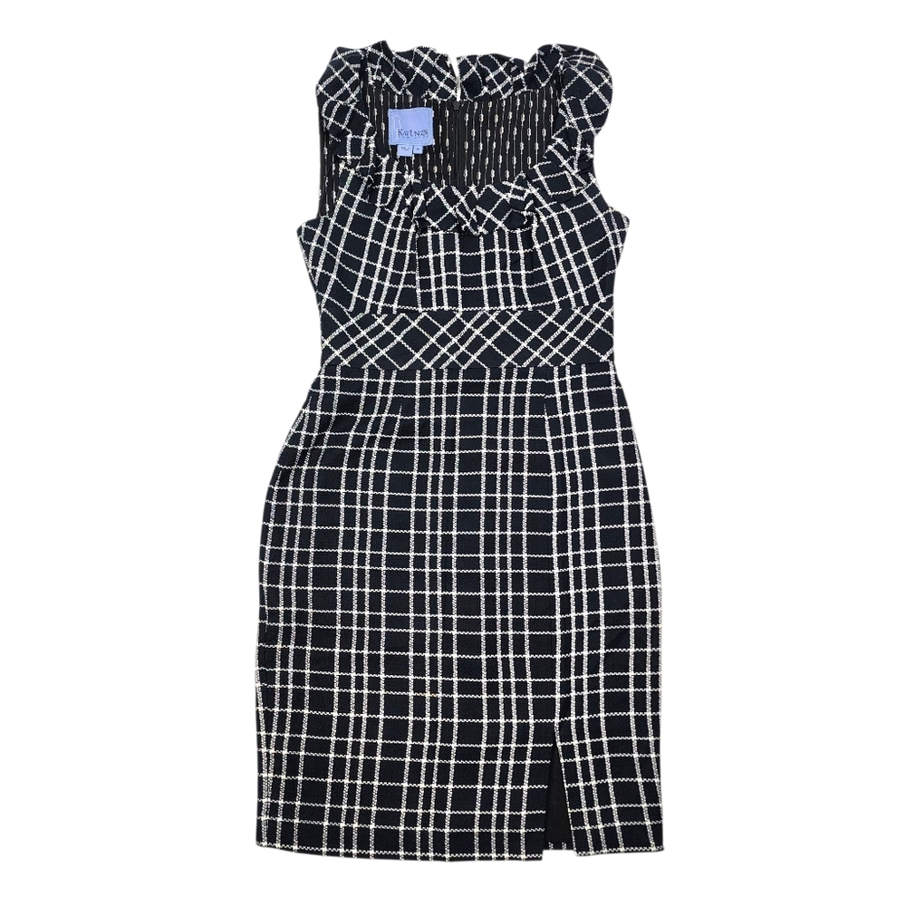 Kay Unger New York Sleeveless Sheath Dress Black White Ruffle Size 8